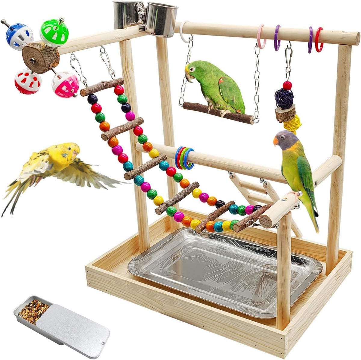 PINVNBY Bird Playground Parrot Playstand Birds Play Stand Wood - Two Floors With Wooden Bridge