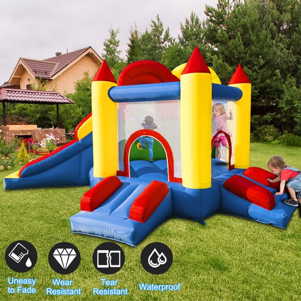 Umbalir bounce house with 3 slides and a double climbing wall, inflated in a backyard - view 3