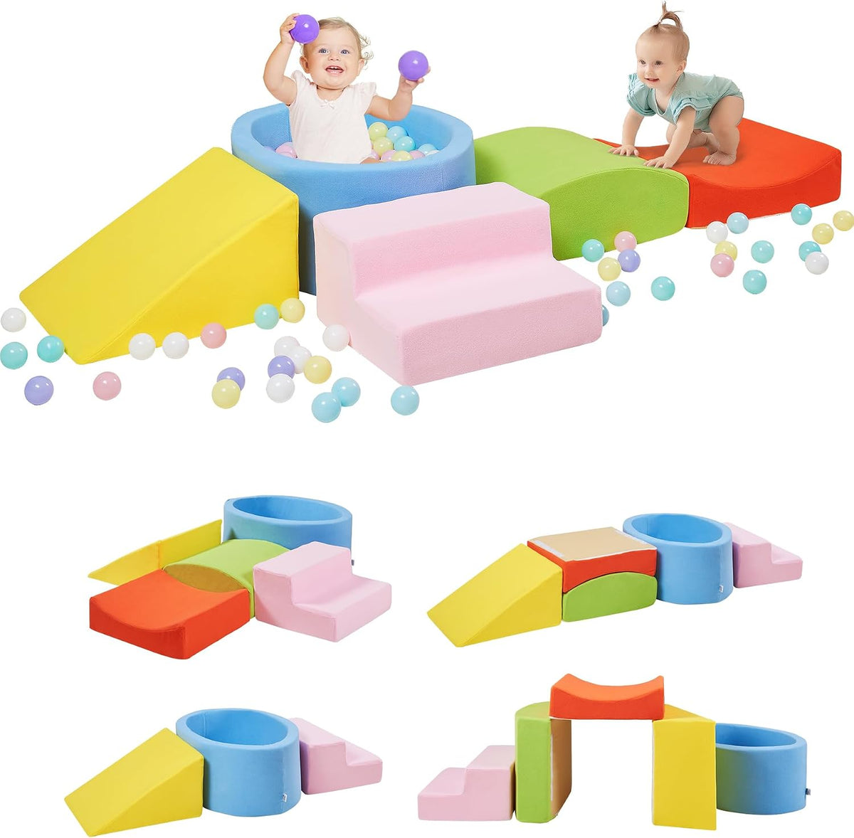 Elftopia foam climbing blocks with ball pit, stair climber and triangle wedge in beige