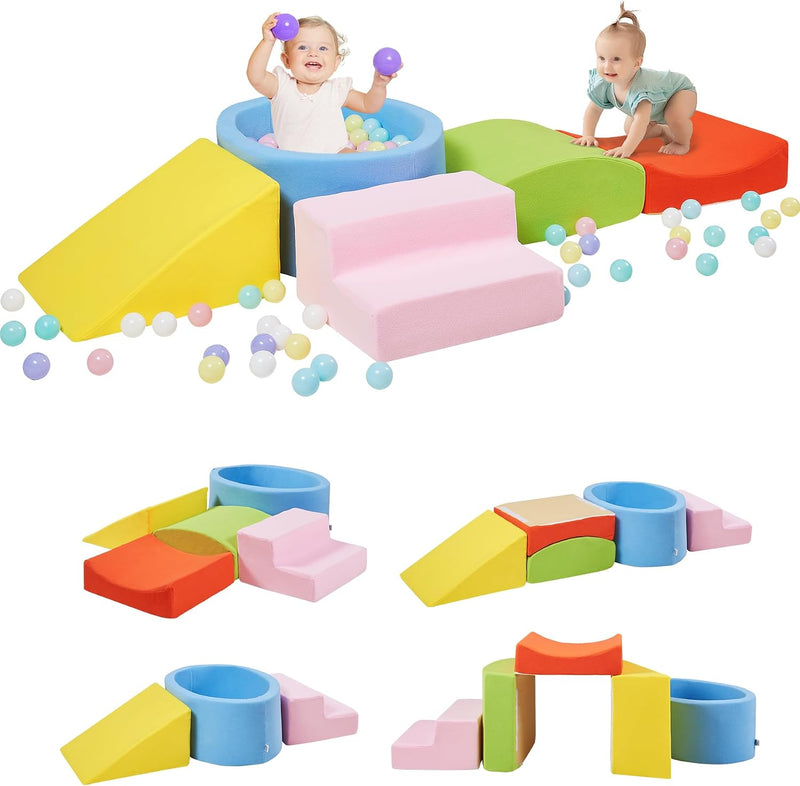Elftopia foam climbing blocks with ball pit, stair climber and triangle wedge in beige