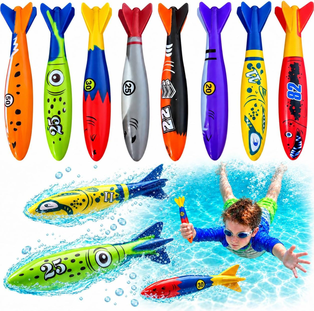 Haktoys Pool Diving Toy Set, Sinking Torpedoes for Kids & Adults - Multicolor Diving Torpedoes