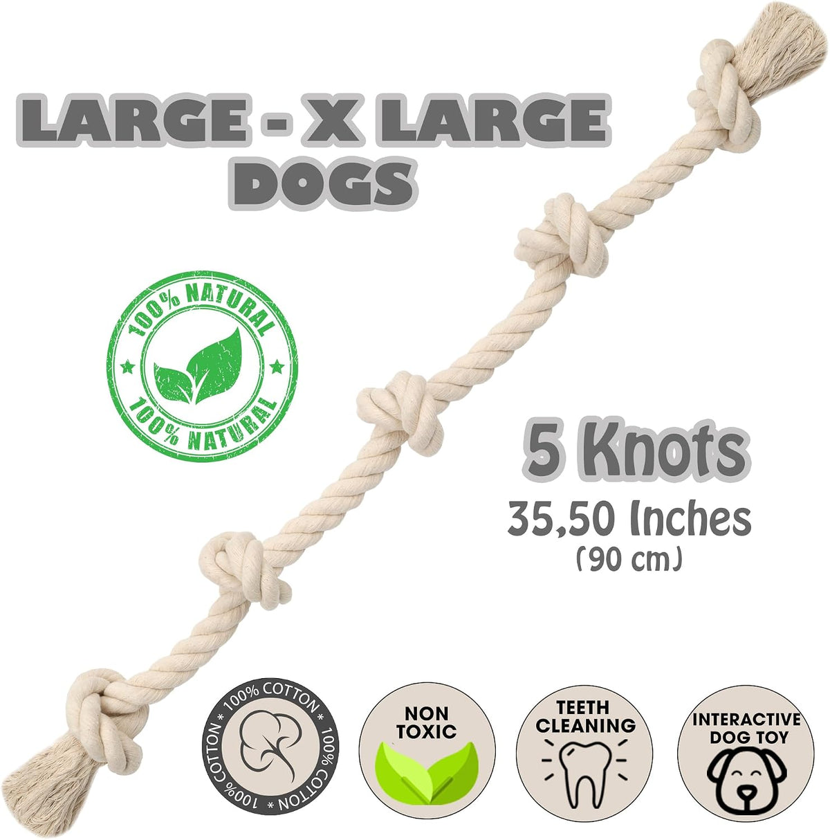 Barida Natural White Cotton Tough Dog Rope Toy for Medium & Large - Large (36.00") - image 2
