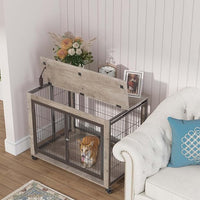 IchbinGo Wooden Dog Crate Furniture, 38.5" Dog Kennel with 3 Doors, Flip-up Top Opening and Wheels, Decorative Pet Crate Dog House for Large/Medium/Small Dog Indoor Use (Rustic Grey)