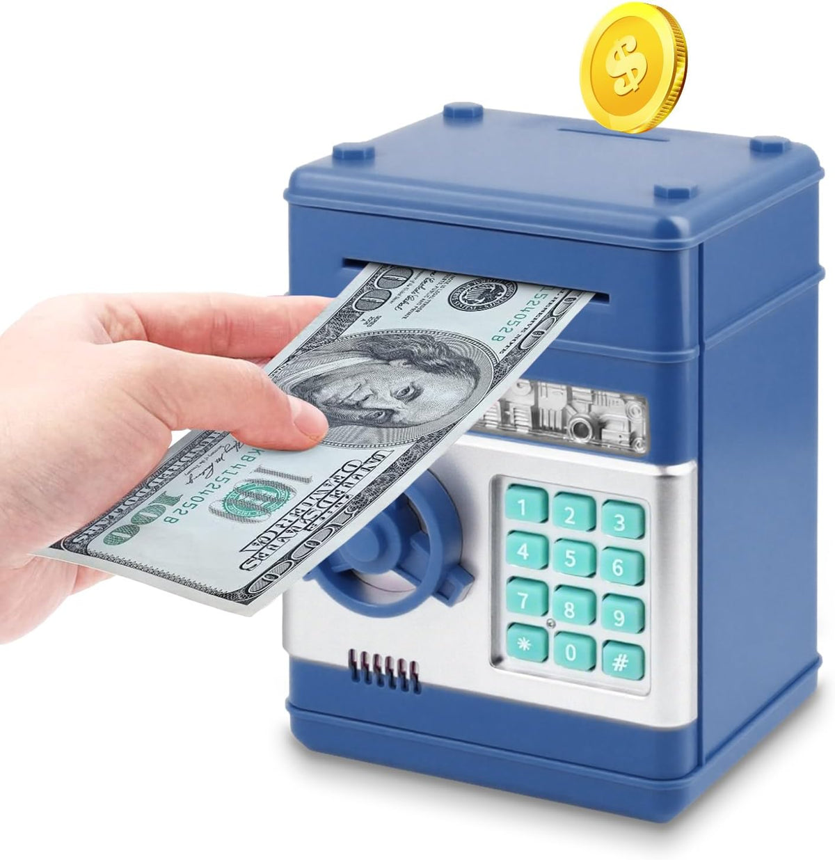 Piggy Bank for Kids Girls Boys with Password Code Lock Cash Coin Can - Dark Blue Without Sitcker