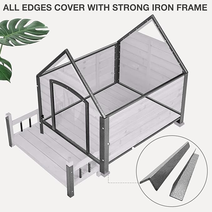 Large Dog House Outdoor Indoor All-Around Iron Frame Design Dog House with Porch＆Raised Feet for Small Medium Large Dogs（Grey）