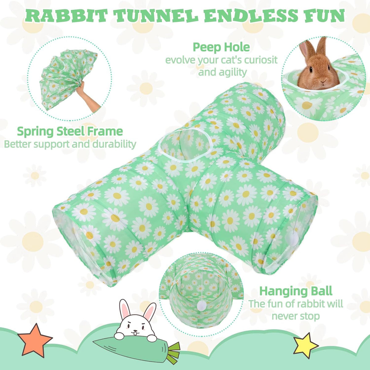 Bunny Tunnels & Tubes, 3-Way Collapsible Rabbit Hideout for Bunnies – Essentials for Small Pets - Greenflower - image 3