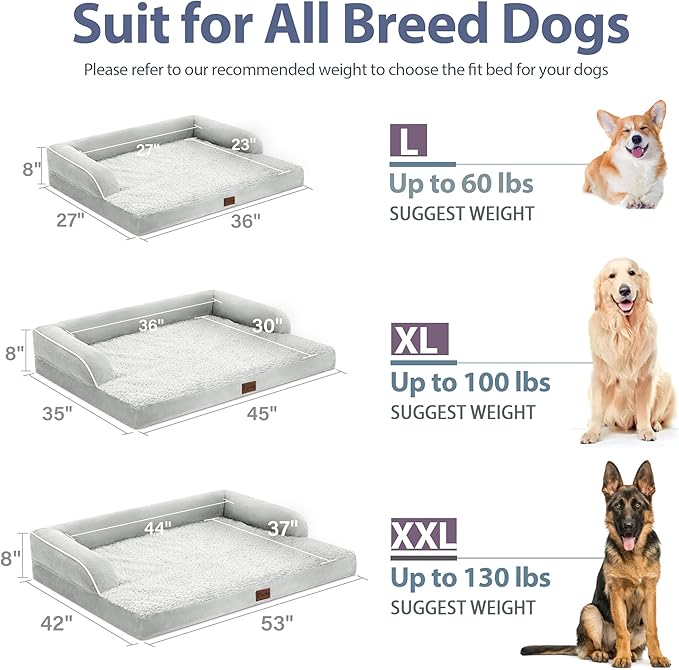 Orthopedic Dog Beds for Large Dogs, Waterproof Dog Beds, Memory Foam Dogs Couch Beds, Comfy Bolster Pet Bed with Removable Washable Cover, Nonskid Bottom (Large,Grey White)
