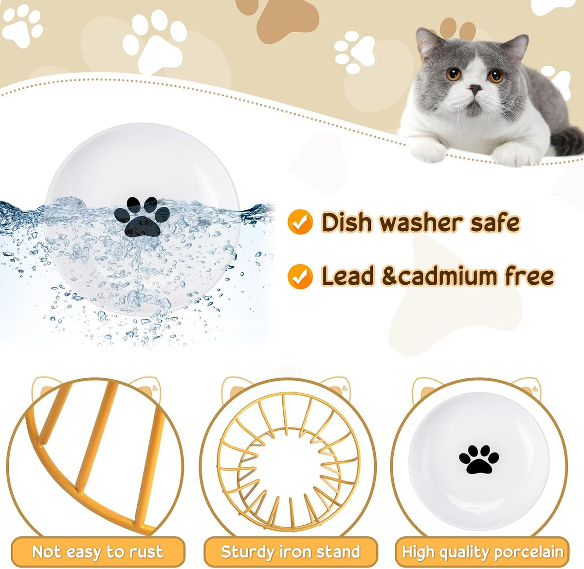 4 Sets Elevated Cat Bowls Ceramic Raised Cat Food Bowls with Metal - Gold / Paw - image 4