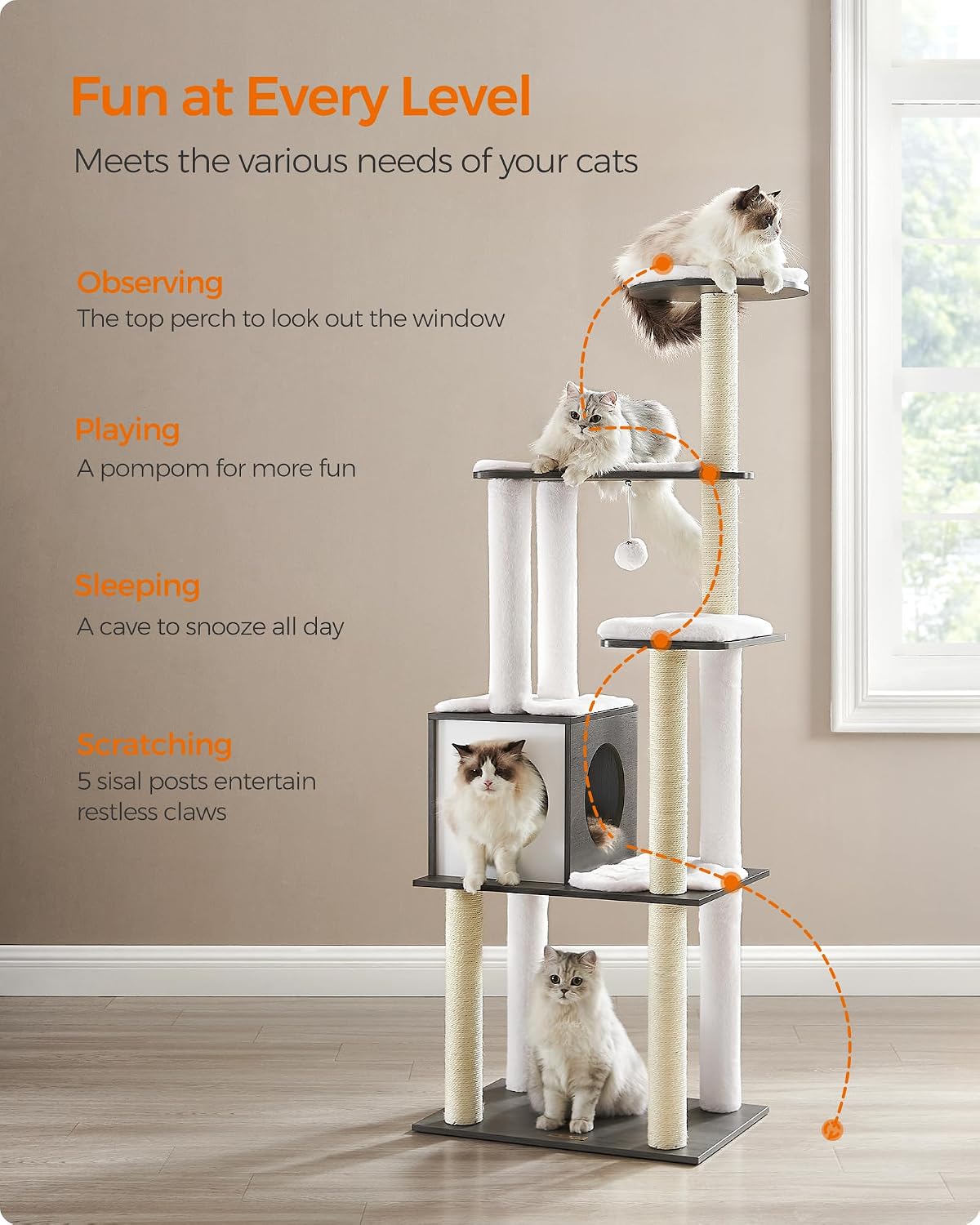 Feandrea Cat Tree, 64.6-Inch Multi-Level Tower with 5 Scratching Posts – Essentials for Cats - Misty Gray - image 3