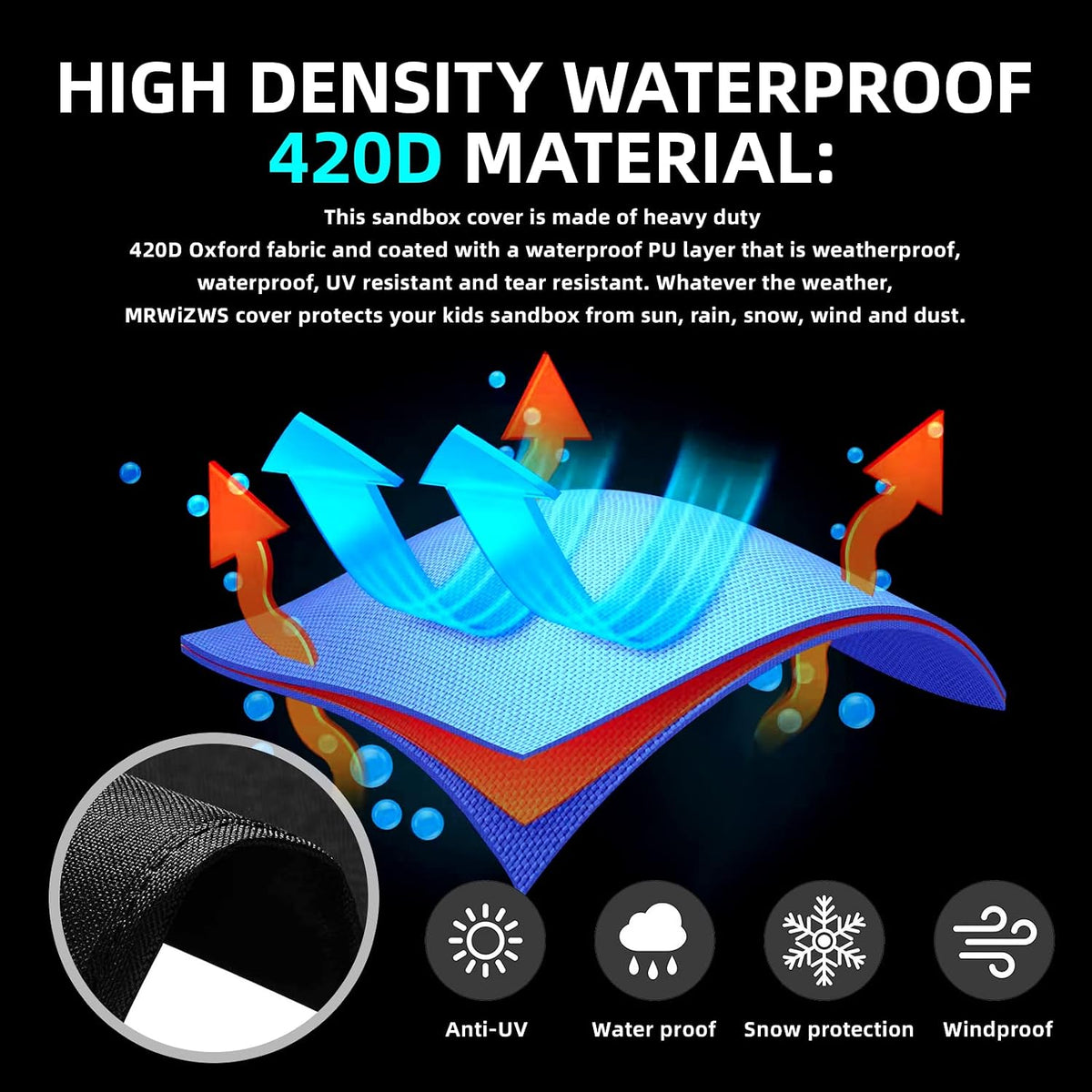 MRWiZMS black octagon sandbox cover in waterproof 420D Oxford fabric with drawstring - view 2