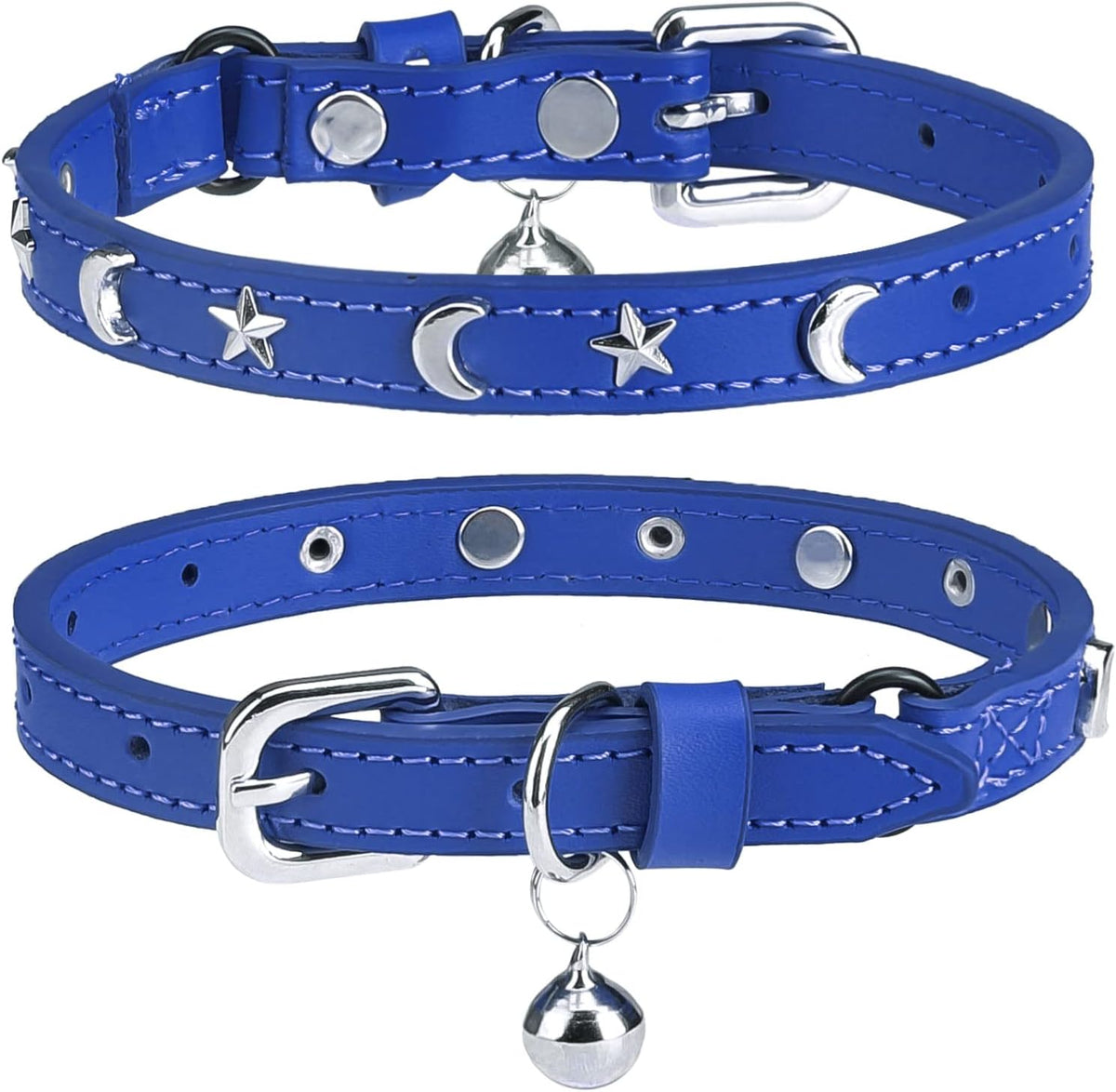 Leather Cat Collar, Breakaway Kitten Collars with Bell, Black – Essentials for Small Pets - Blue_Star & Moon / 8"-12" Cats / Mini Dogs(Pack of 1)