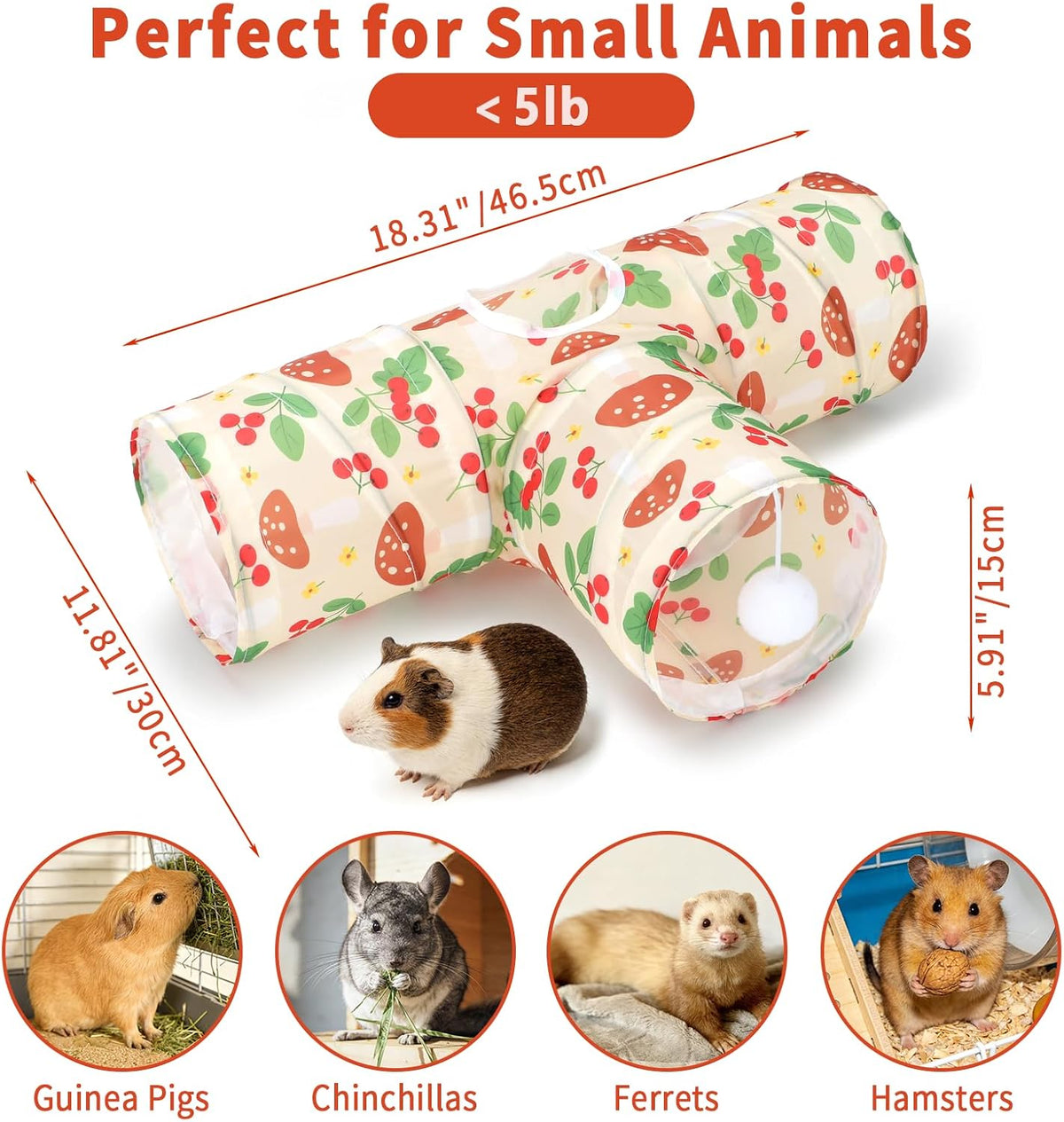 Guinea Pig Tunnel Hideout 3-Way Collapsible Small Pet Tubes - Cherry - image 2