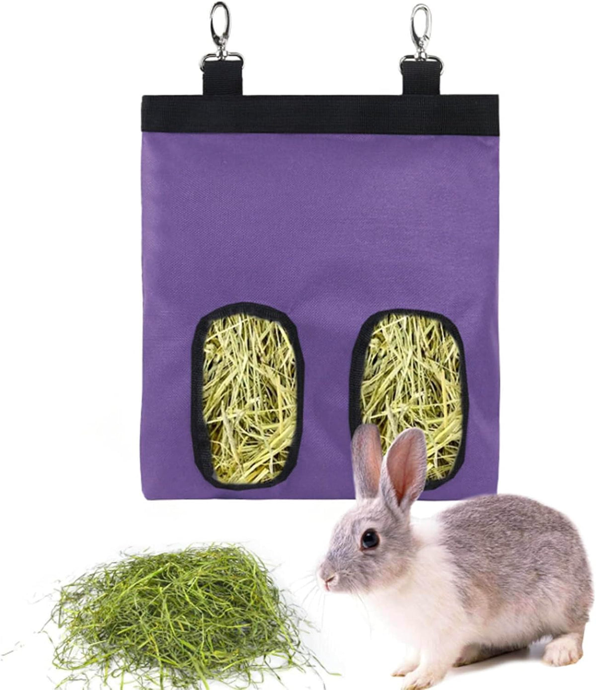 Rabbit Hay Feeder Bag Hanging Hay Rack – Essentials for Small Pets - 2 Windows / Purple