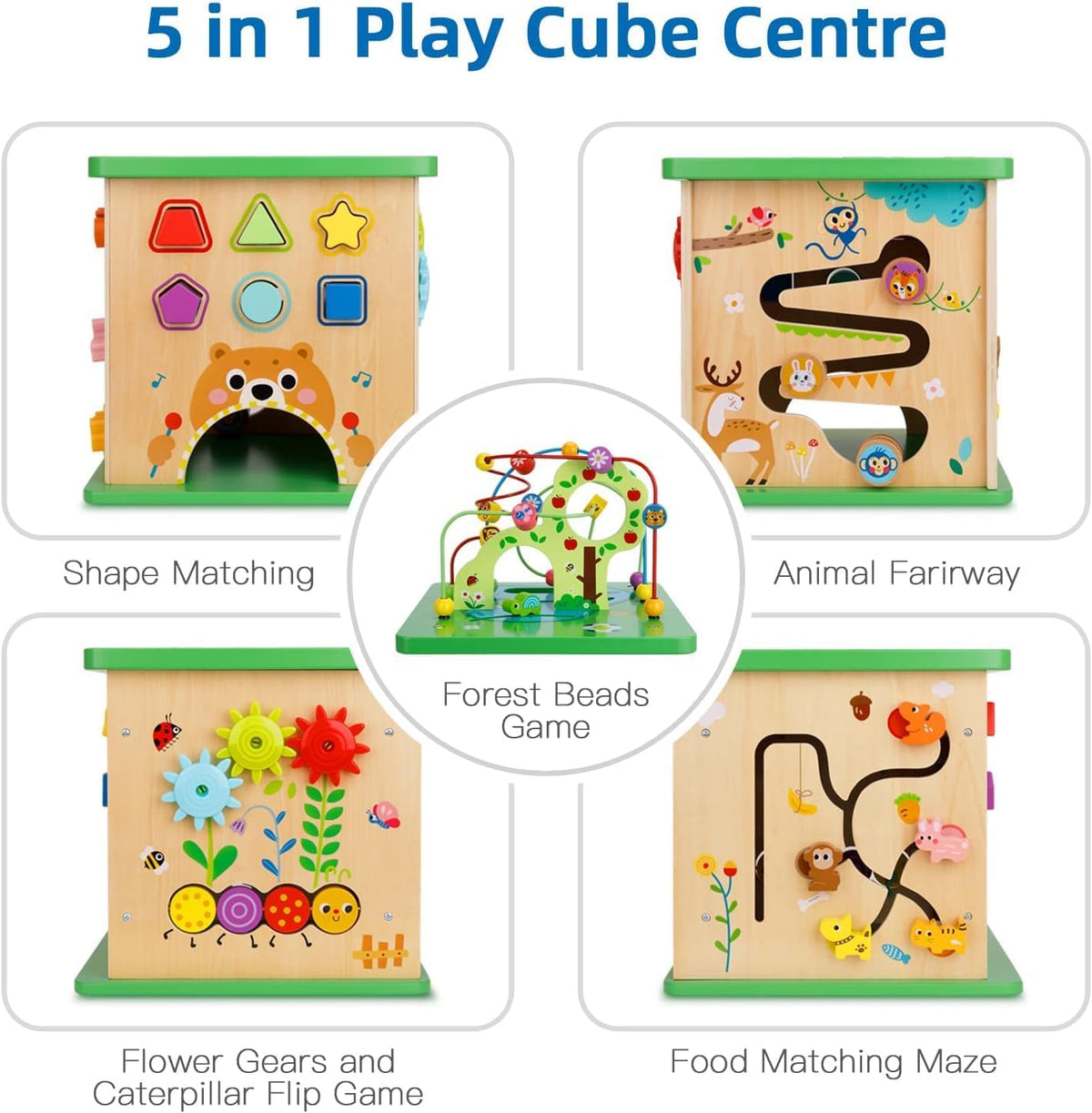 TOOKYLAND 5 in 1 wooden activity cube with bead maze, shape sorter and animal designs - view 4