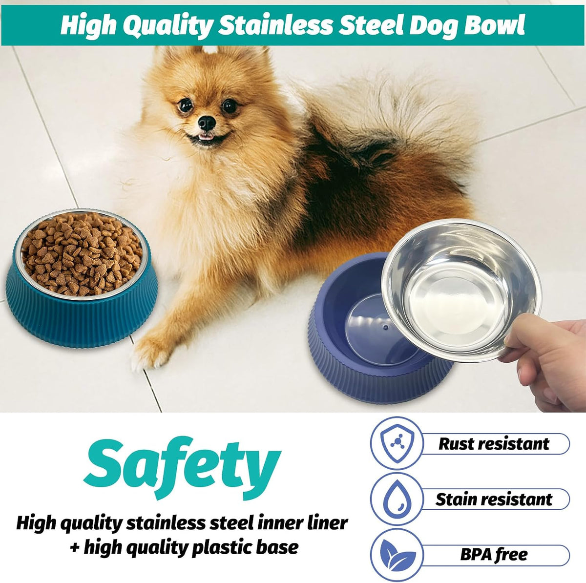 2PCS Stainless Steel Dog Bowls Set Removable Puppy Food and Water - 2 PCS / Roman Column (Blue, Green) - image 3