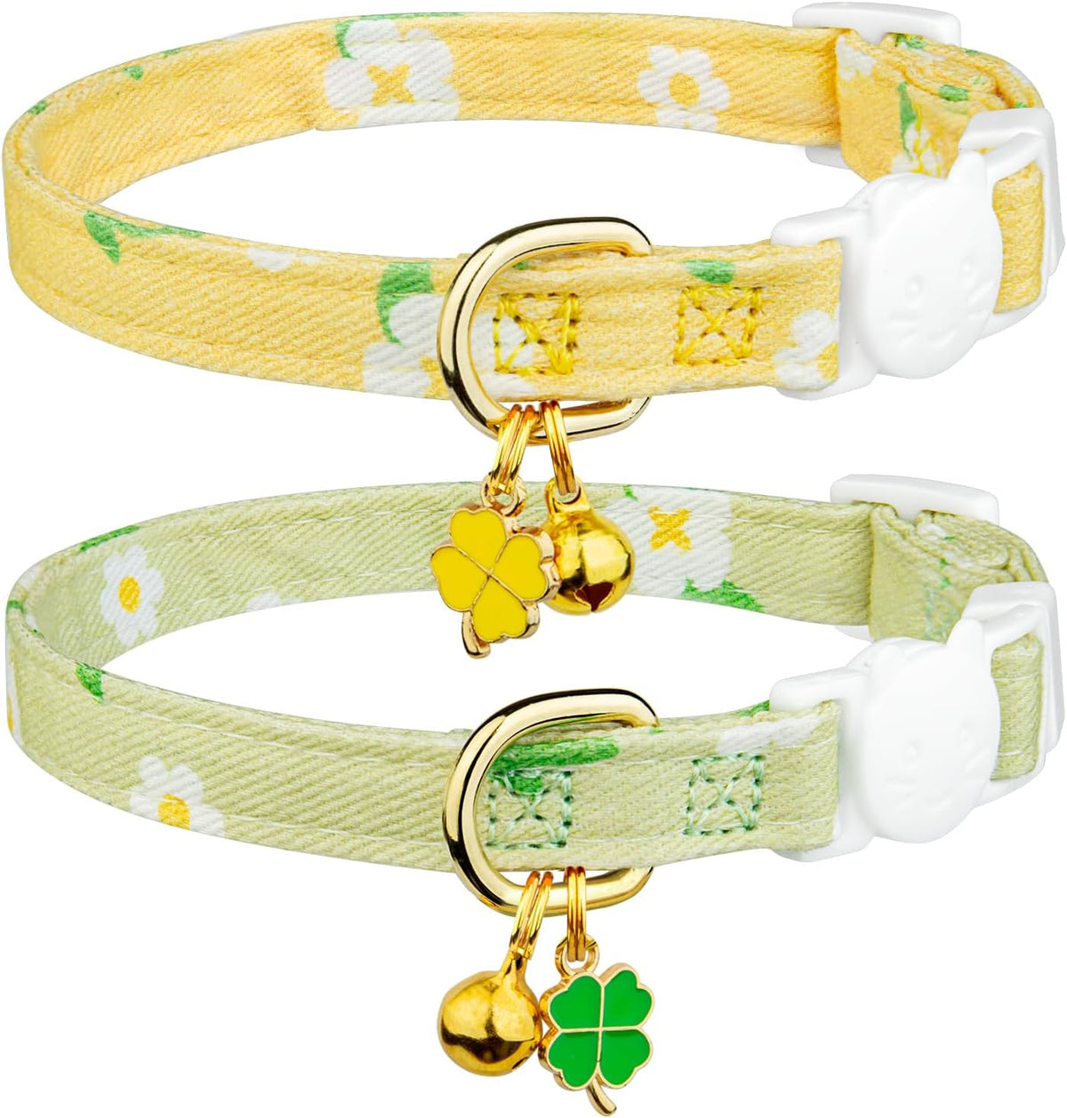2 Pack Cotton Cat Collar Pink Strawberrie White Heart Cute Kitten - Green&Yellow
