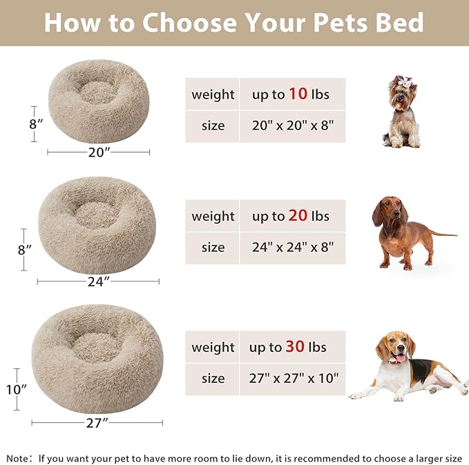 WNPETHOME Calming Dog Bed, Anti-Anxiety Donut Small Dog Bed, Fluffy Faux Fur Cat Cushion, 27 x 27 inch, Brown