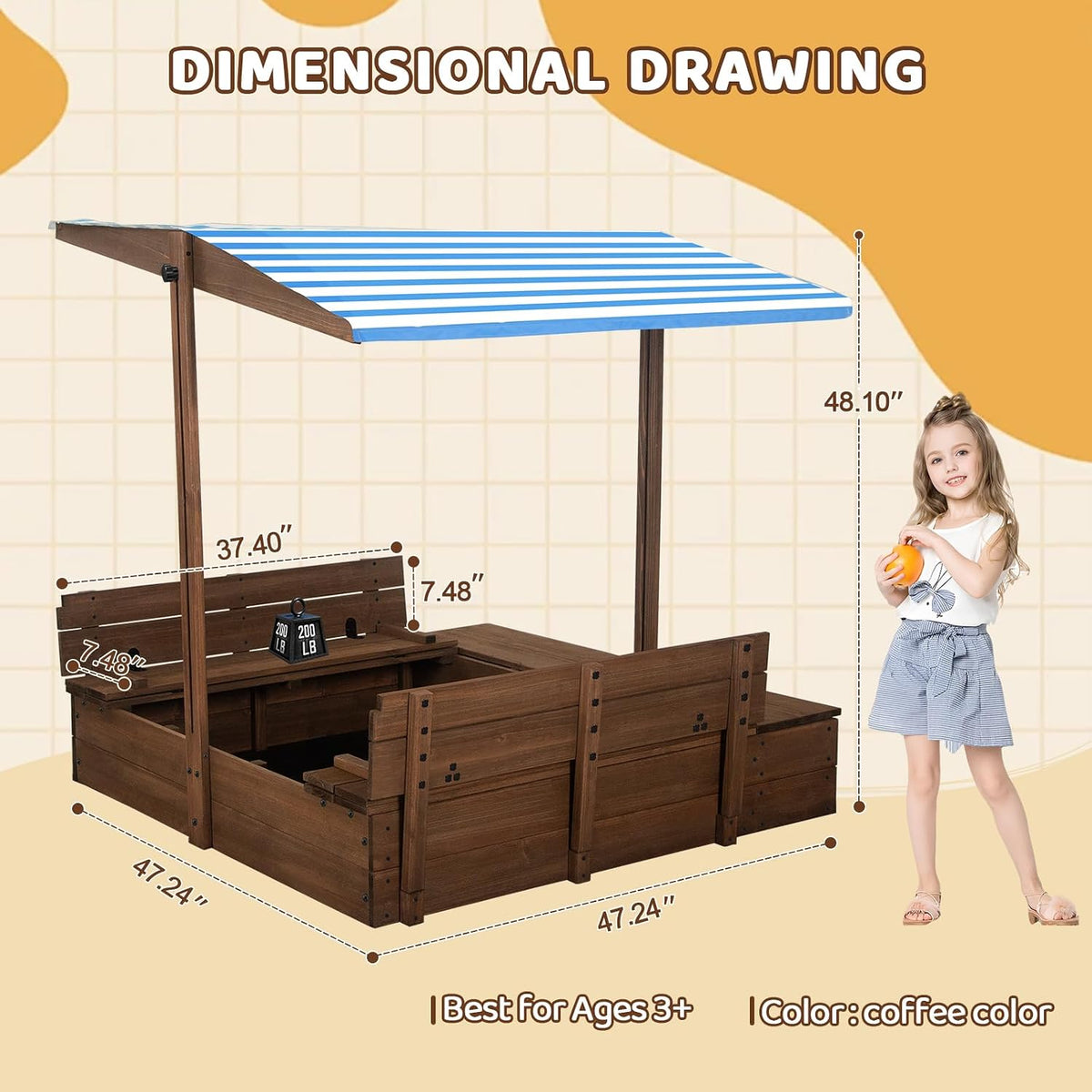 Agitree Wooden Sandbox with Lid and Canopy for Kids Ages 3-8 - Brown - image 3