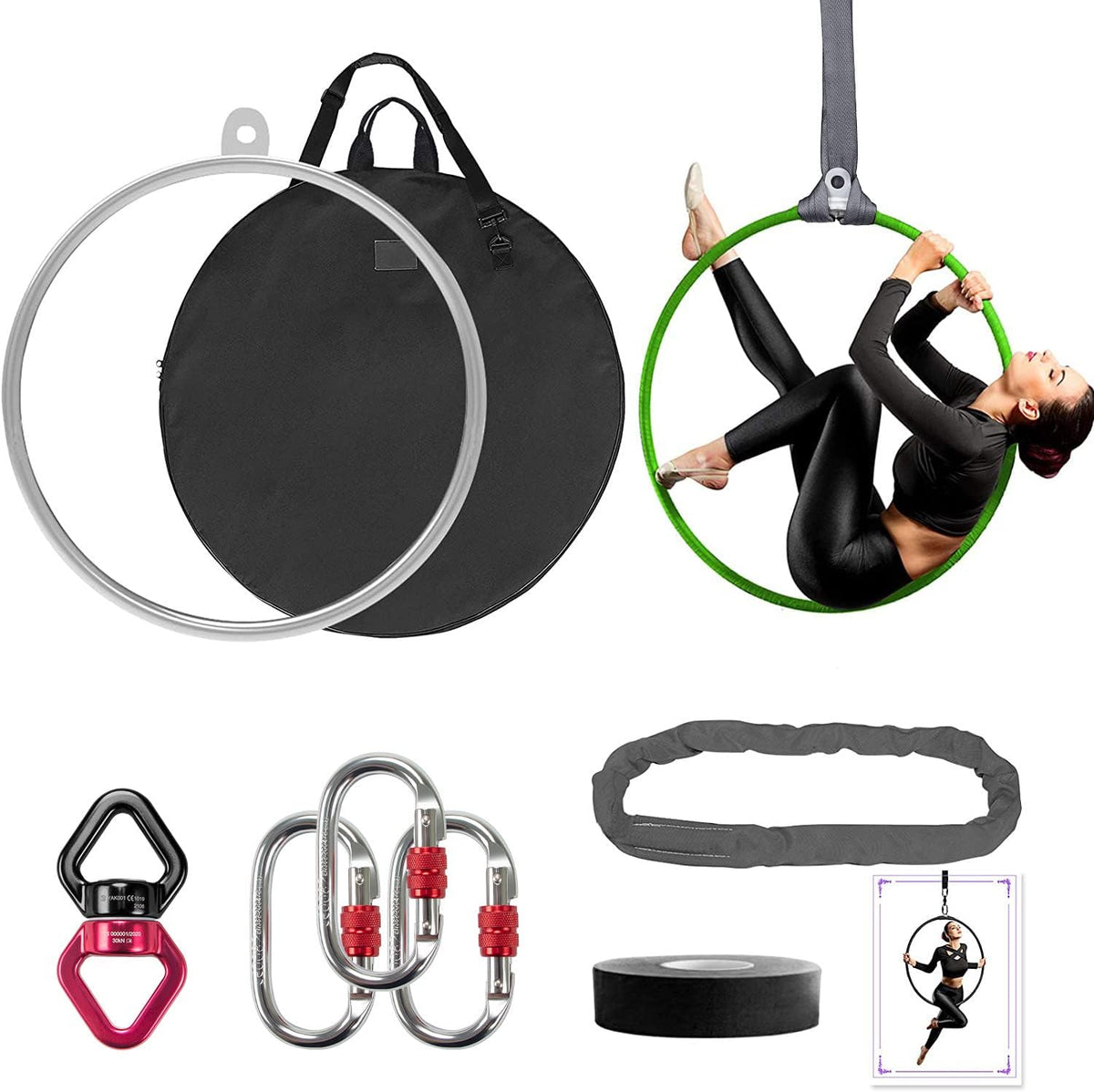 DASKING Professional Aerial Hoop Kit - 90CM/32MM / black,grey,green,pink,steel