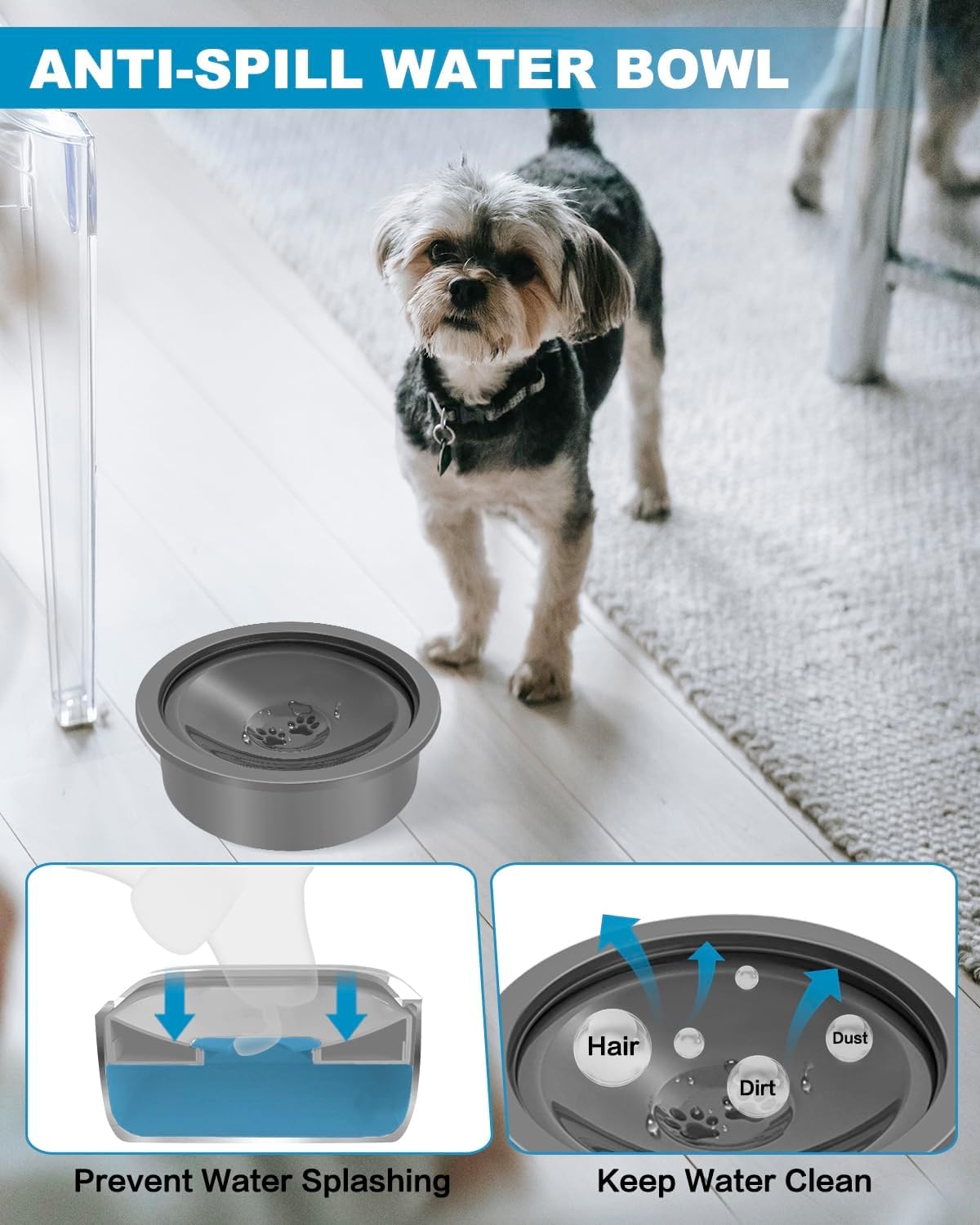 No Spill Dog Water Bowl, Slow Drinking Non Spilling Water Dish - Grey - image 2