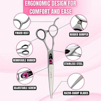Kenchii Love Left Handed Dog Grooming Scissors, 7 Inch Straight Shears, Dog Scissors for Grooming, Professional Pet Grooming Scissors, Ergonomic & Comfortable