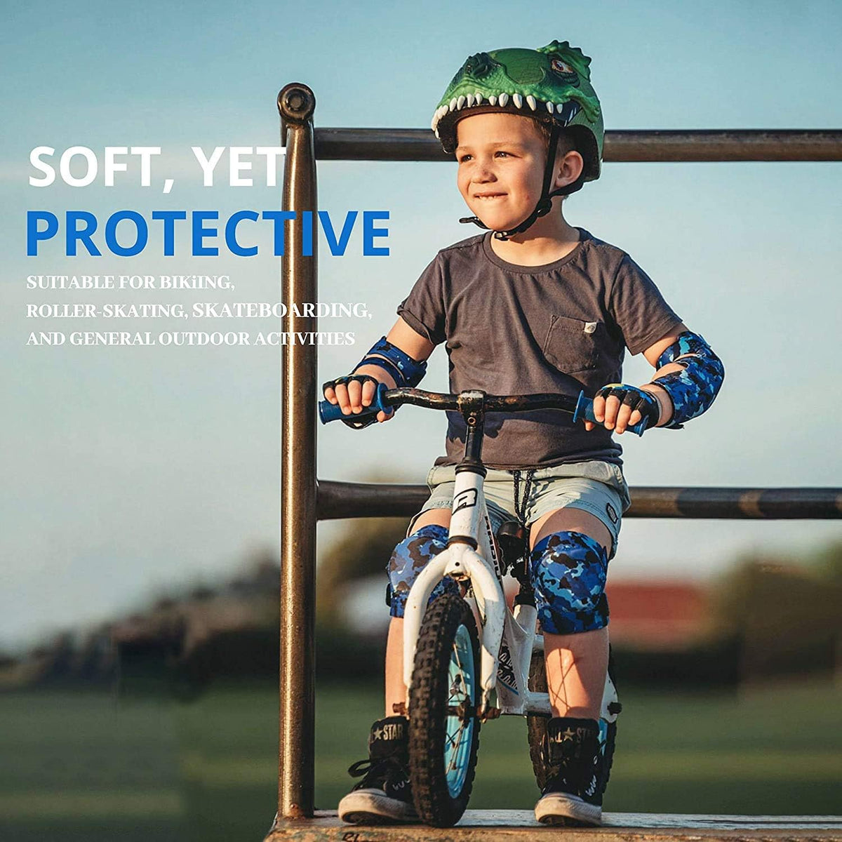 Soft-Style Kids Knee and Elbow Pads with Bike Gloves - Large / Ocean Camo - image 2