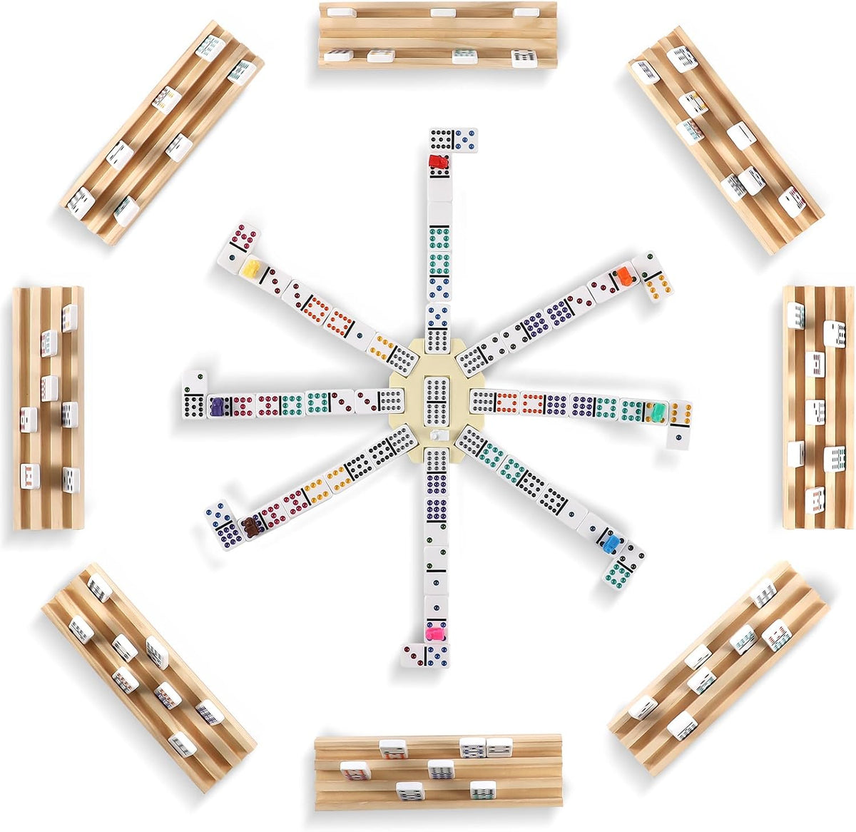 Mexican Train Dominoes Set with Numbers and 4 Wooden Trays/Racks - D12 Dot 8 Players - image 2