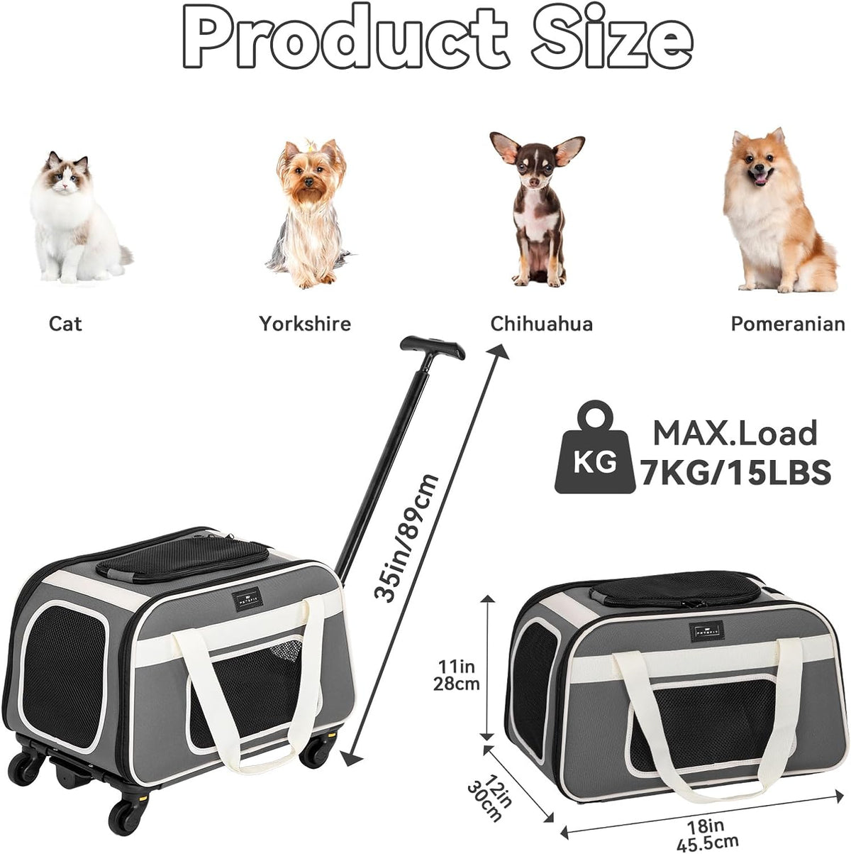 Petsfit Cat Carrier with Wheels, Removable Spinner Wheels - 20.1"L x 12.2"W x 14.2"H / Medium Gray - image 2
