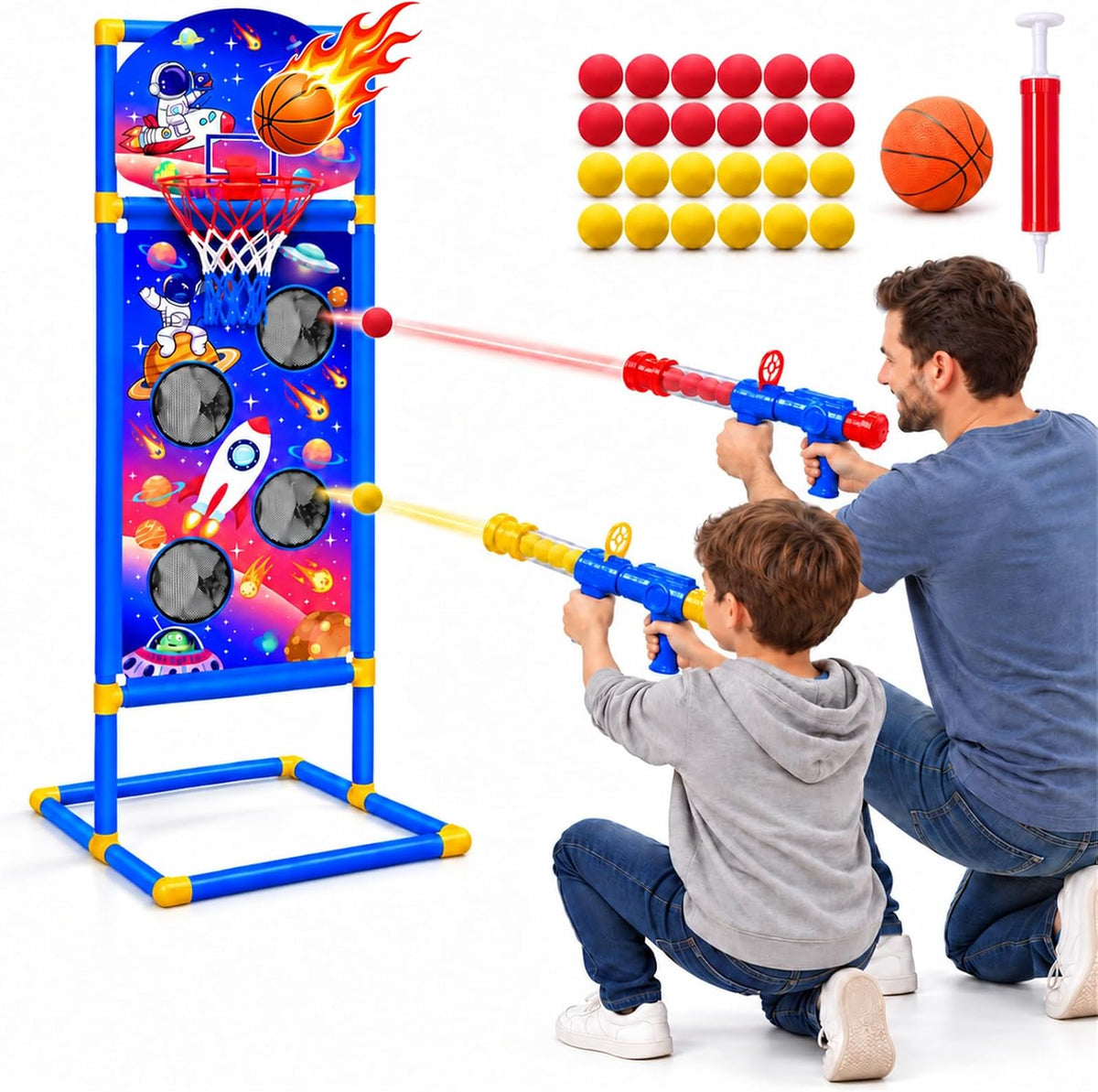 EagleStone space shooting target game with 2 air guns, foam balls and basketball hoop