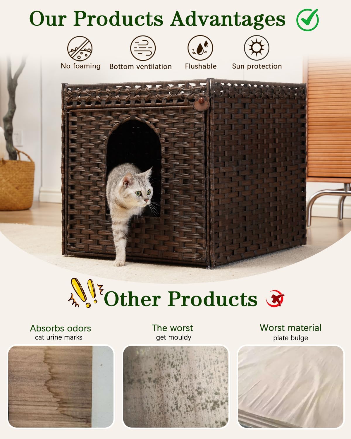 Cat Litter Box Enclosure Furniture, Hidden PE Rattan - Brown / XL - image 4