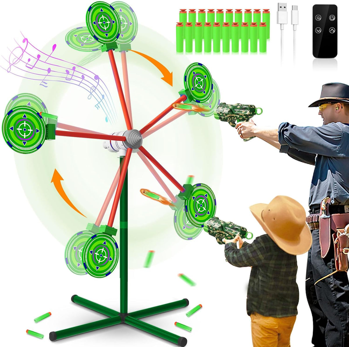 Rocket Shooting Games Toys with Rotating Target 2 Toy Guns 20 Foam - Green