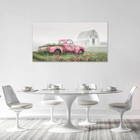 Large Rustic Farmhouse Pink Truck Wall Art for Living Room Country Barn Art Big Space Size Bedroom Office Framed Canvas Prints Pictures Painting Artwork Office Bedroom Home Decor 60"x30"