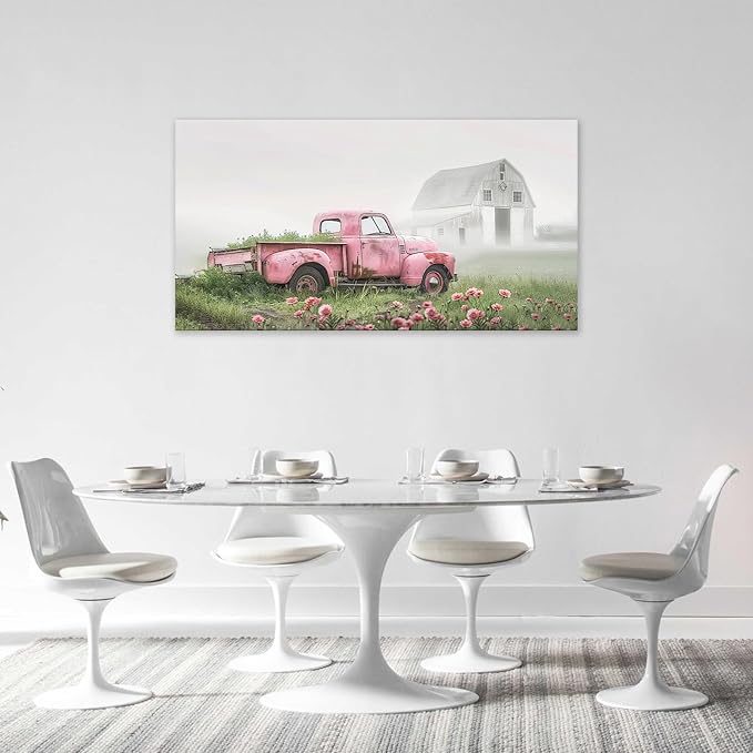Large Rustic Farmhouse Pink Truck Wall Art for Living Room Country Barn Art Big Space Size Bedroom Office Framed Canvas Prints Pictures Painting Artwork Office Bedroom Home Decor 60"x30"
