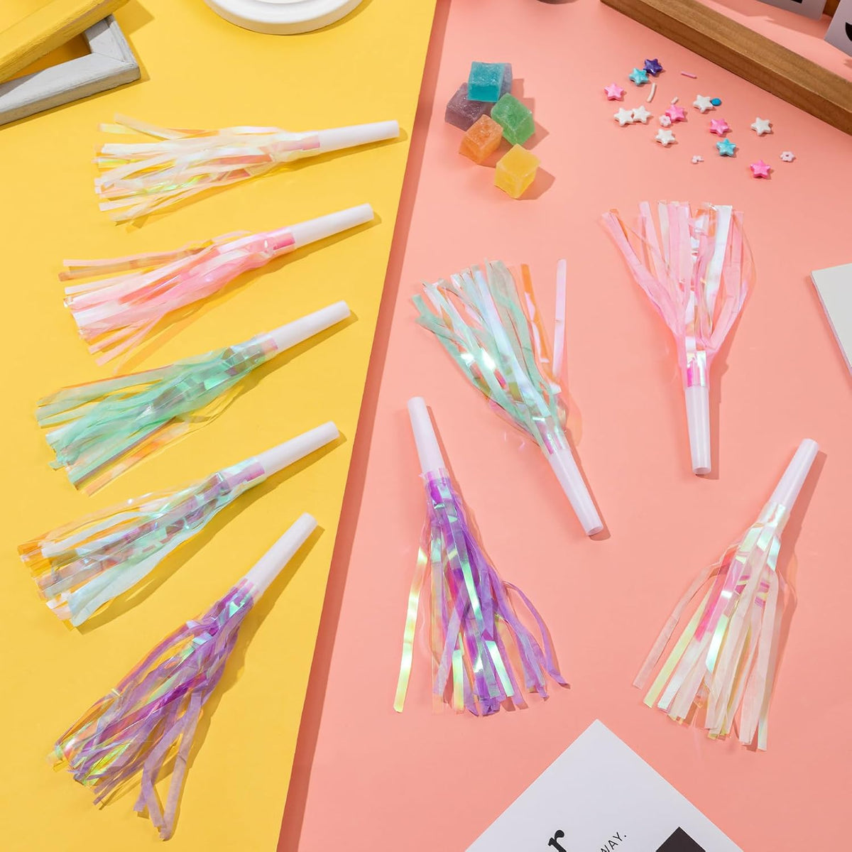 Mermaid party blowers with glitter metallic fringe in pink, purple, white and blue - view 3