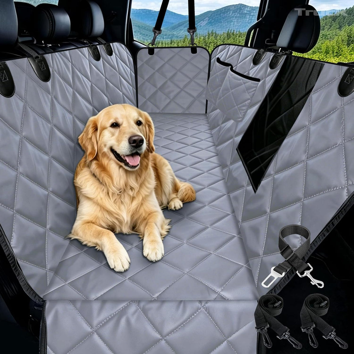 Dog Car Seat Cover for Back Seat with Safety Belt Universal Fit – Essentials for Dogs - Gray / Truck