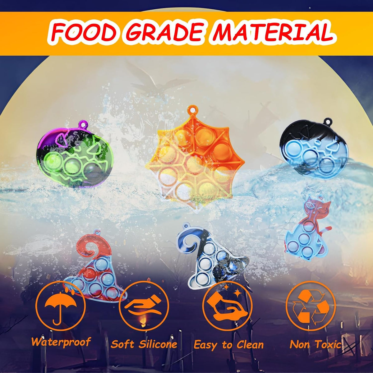 ZEAYOU 80-piece Halloween pop fidget keychains in pumpkin, bat and ghost shapes - view 3
