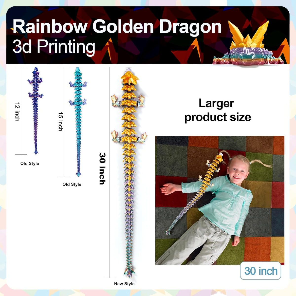 3D Printed Dragon 24 Inch - Gold Rainbow / 30in - image 3