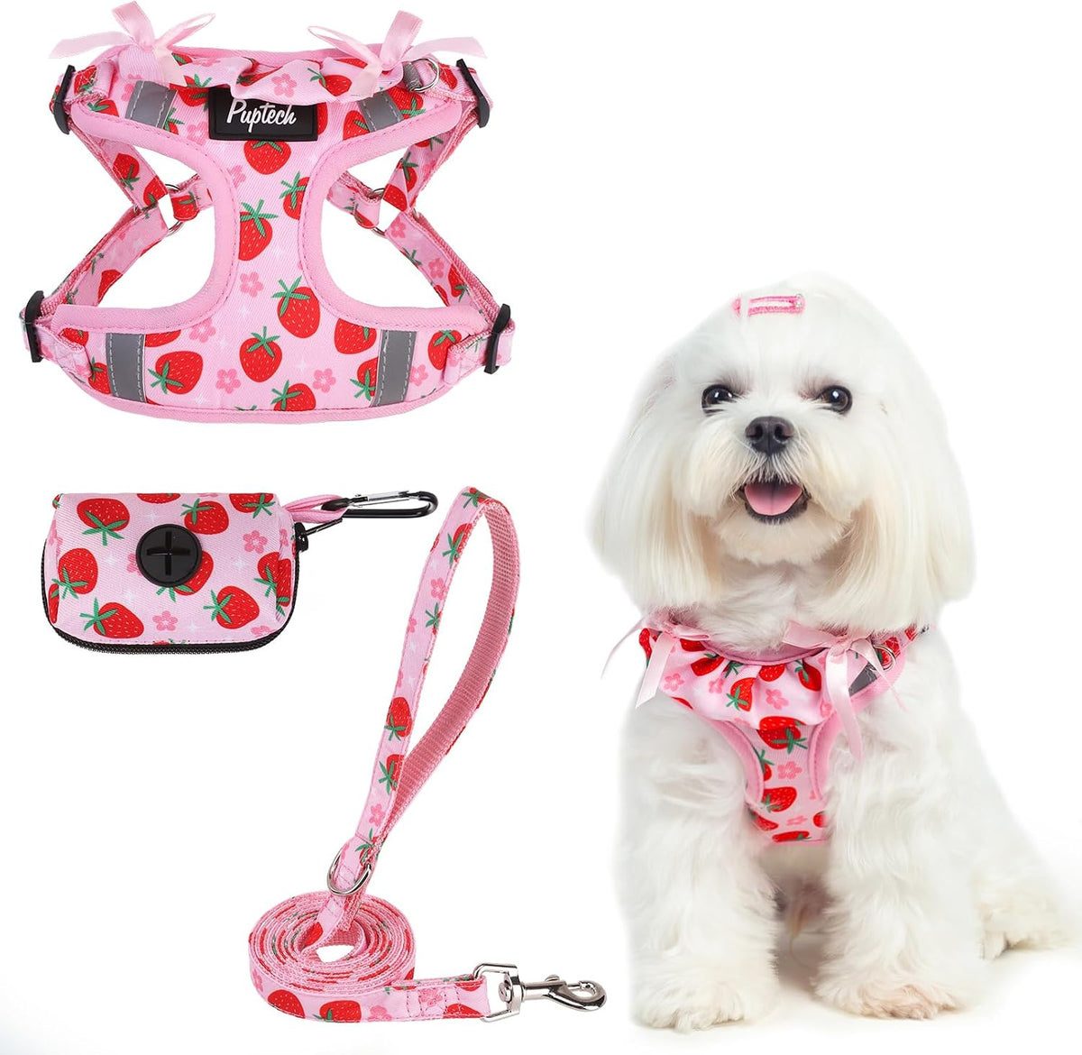 PUPTECK Dog Harness and Leash Set Small Sized - XS (9-13lbs, Chest 14"-16") / #2 Pink(Strawberry Print)