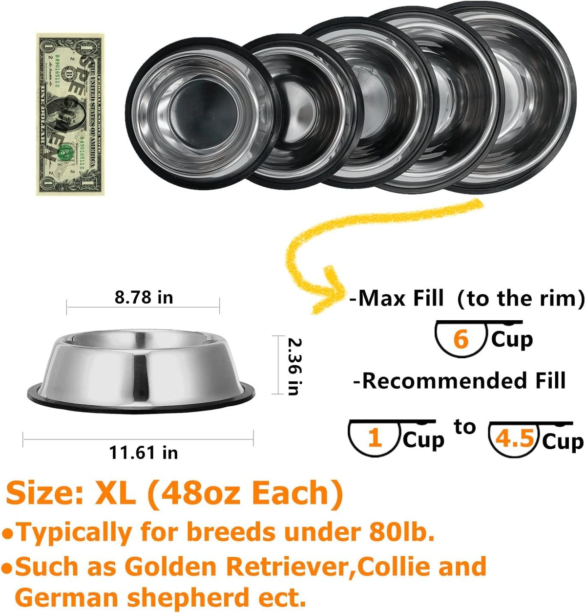 2 Pack Stainless Steel Dog Bowls with Rubber Bottom - 6 Cup / 48 oz - image 2