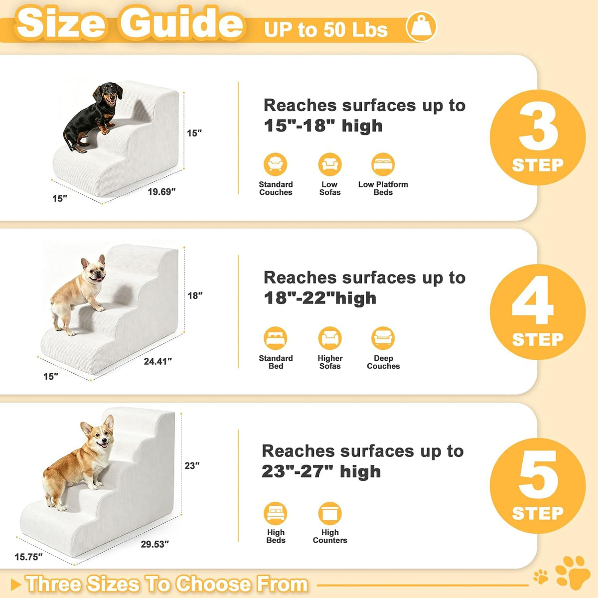 Dog Stairs for Bed & Couch, 18" H 4-Step Pet Ramp for Small Dogs - Beige / 3 / Standard 15" Height - image 2
