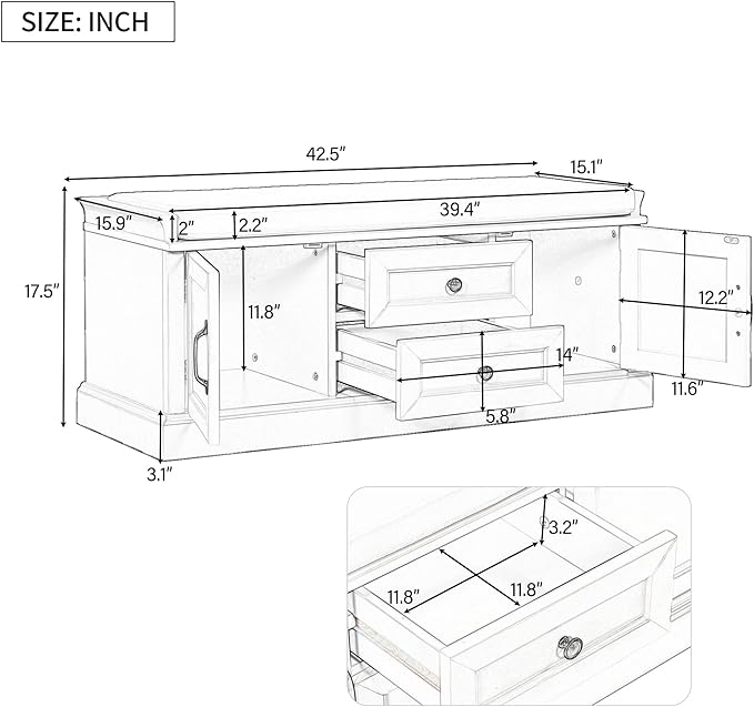 Shoe Storage Bench with 2 Drawers and 2 Cabinets, Pine Wood Shoe Bench with Removable Cushion for Living Room, Entryway 42.5" L x 15.9" W x 17.5" H (Gray Wash)