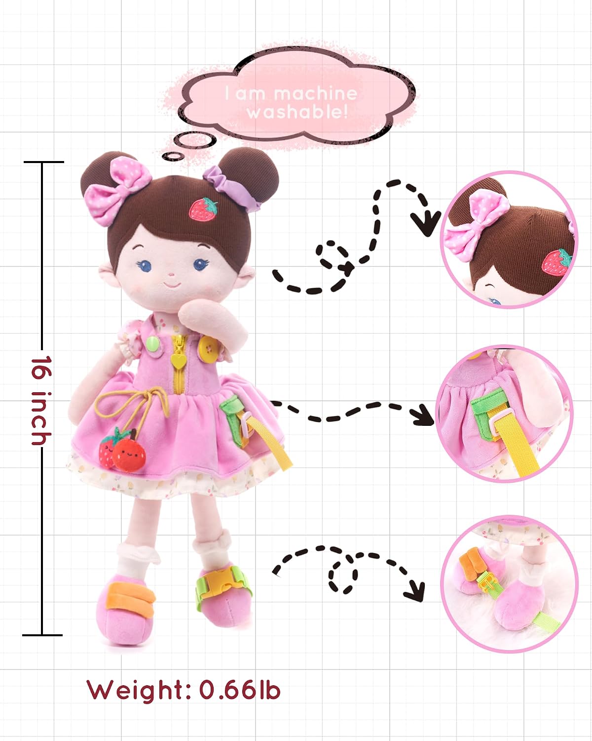 LeyaDoll 16 inch Montessori baby doll with buttons, zippers and laces - view 14