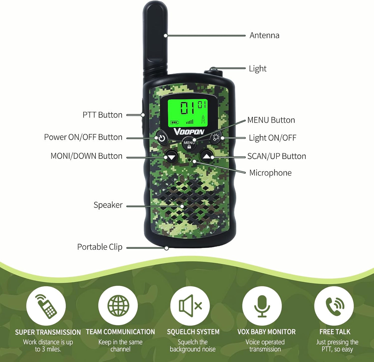 VOOPON green camo walkie talkies for kids with LCD screens - view 8