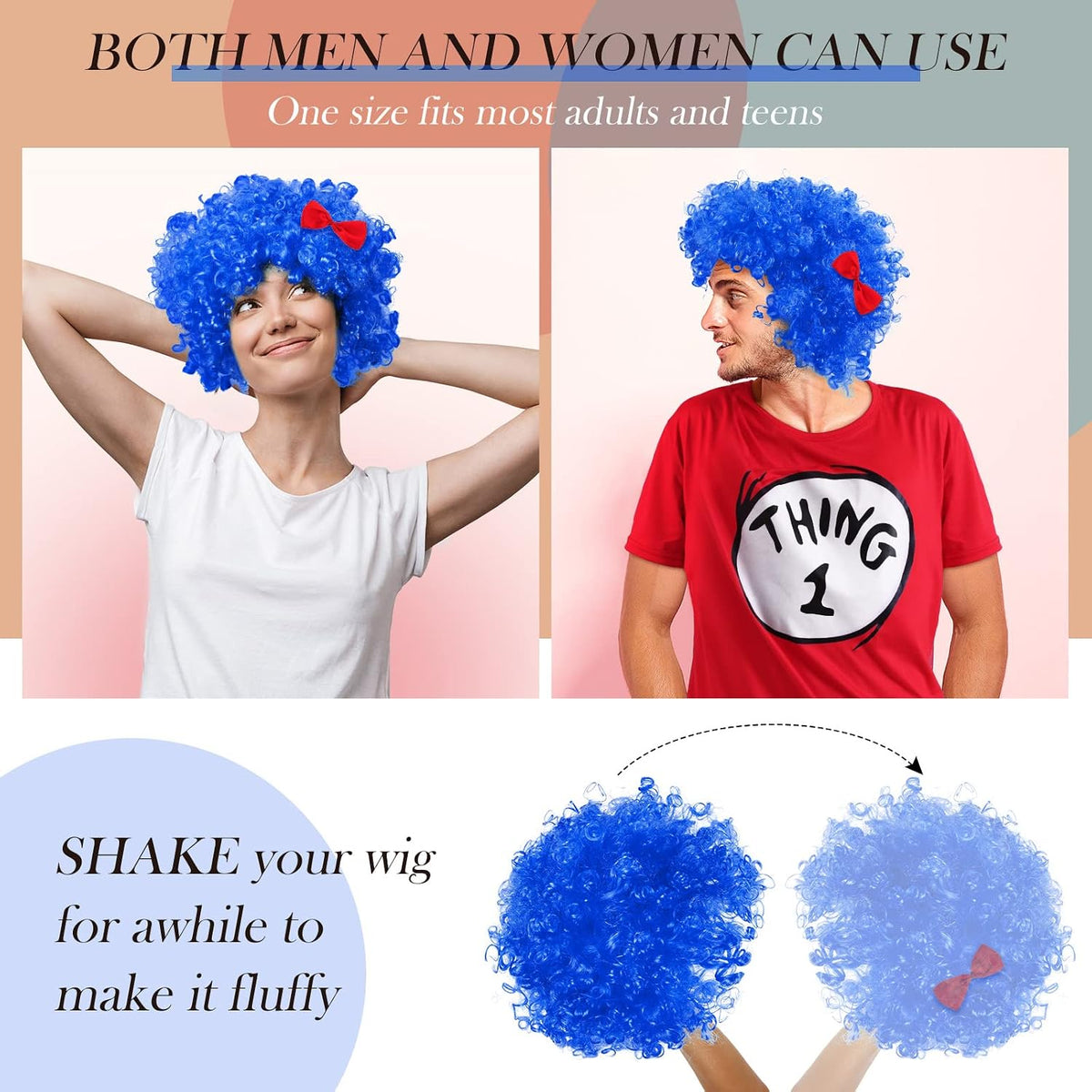Jutom two sky blue curly afro costume wigs with red bows - view 8