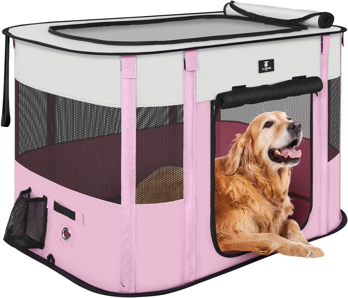 X-ZONE PET Dog Playpen, Puppy Cat Play Pen Portable Foldable Indoor/Outdoor Tent Crate Cage - Pink / X-Large