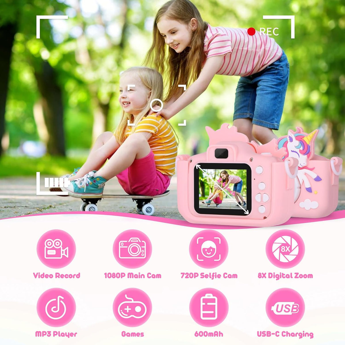 Alotwan unicorn kids camera with silicone case, 2.4-inch screen and lanyard - view 4