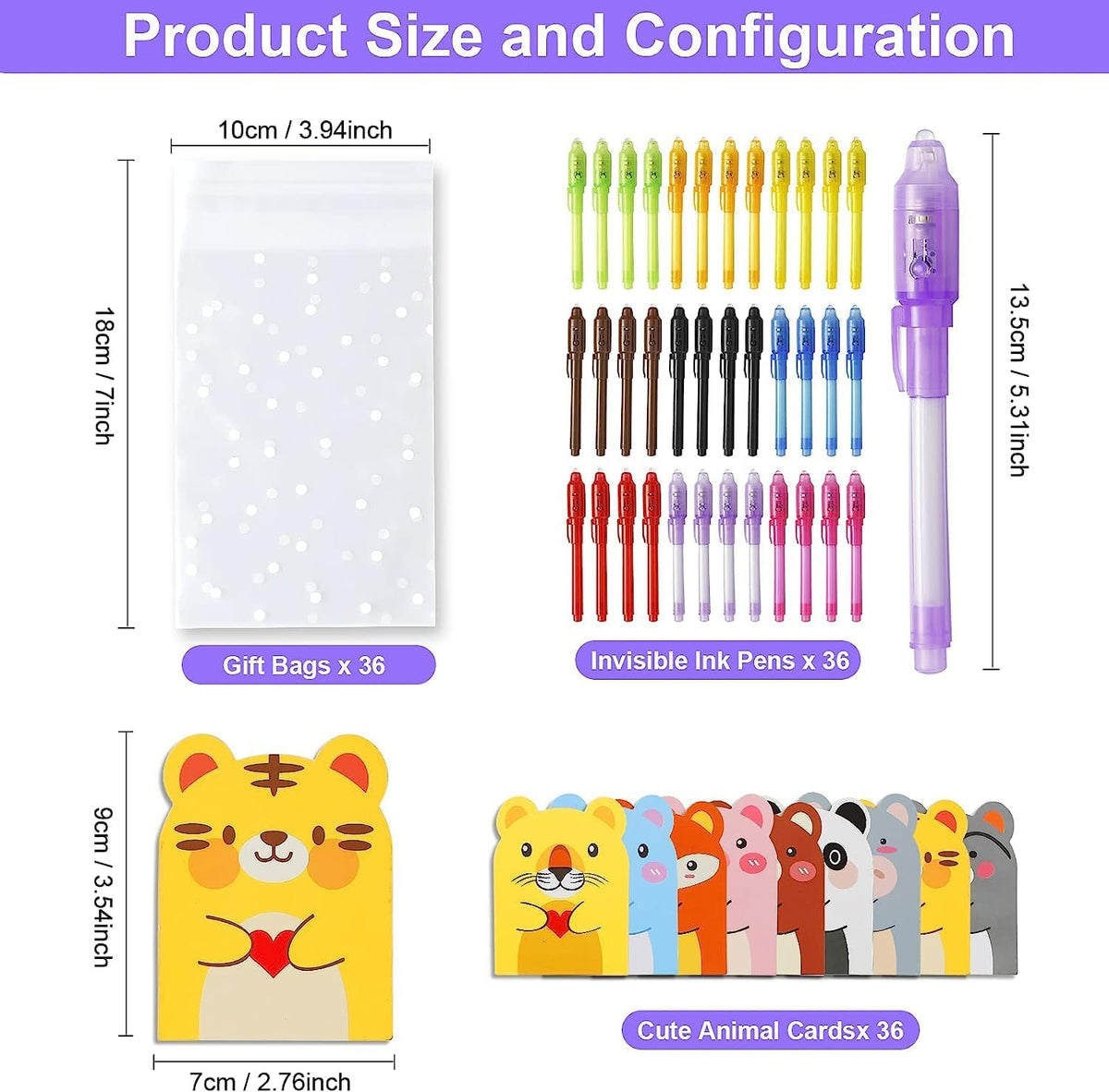 DazSpirit 36 invisible ink pens with built-in UV light, animal cards and gift bags - view 10