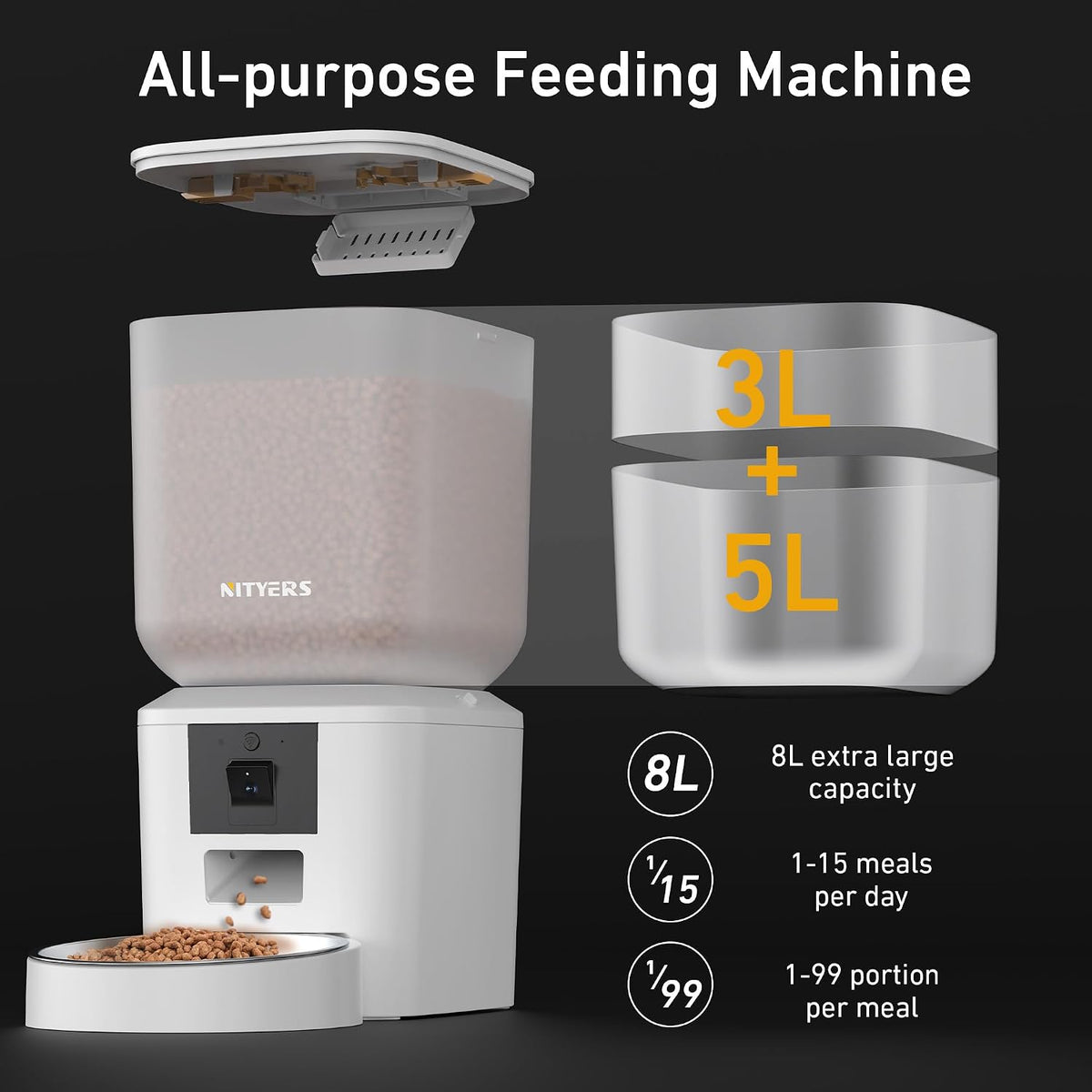 Automatic Cat Feeder for 2 Cats, Timed Cat Food Dispenser - Pure White / Camera & WiFi-One Bowl - image 2