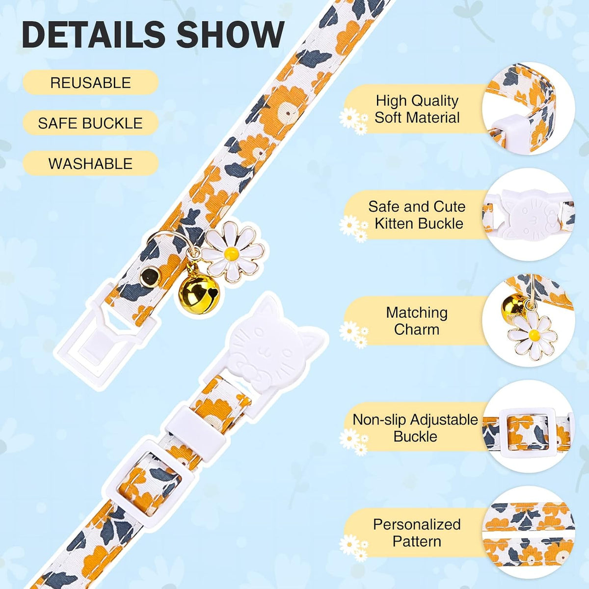 Cat Collar Breakaway, Soft Kitten Collar with Bell, Daisy - Floral (Pack of 3) - image 3