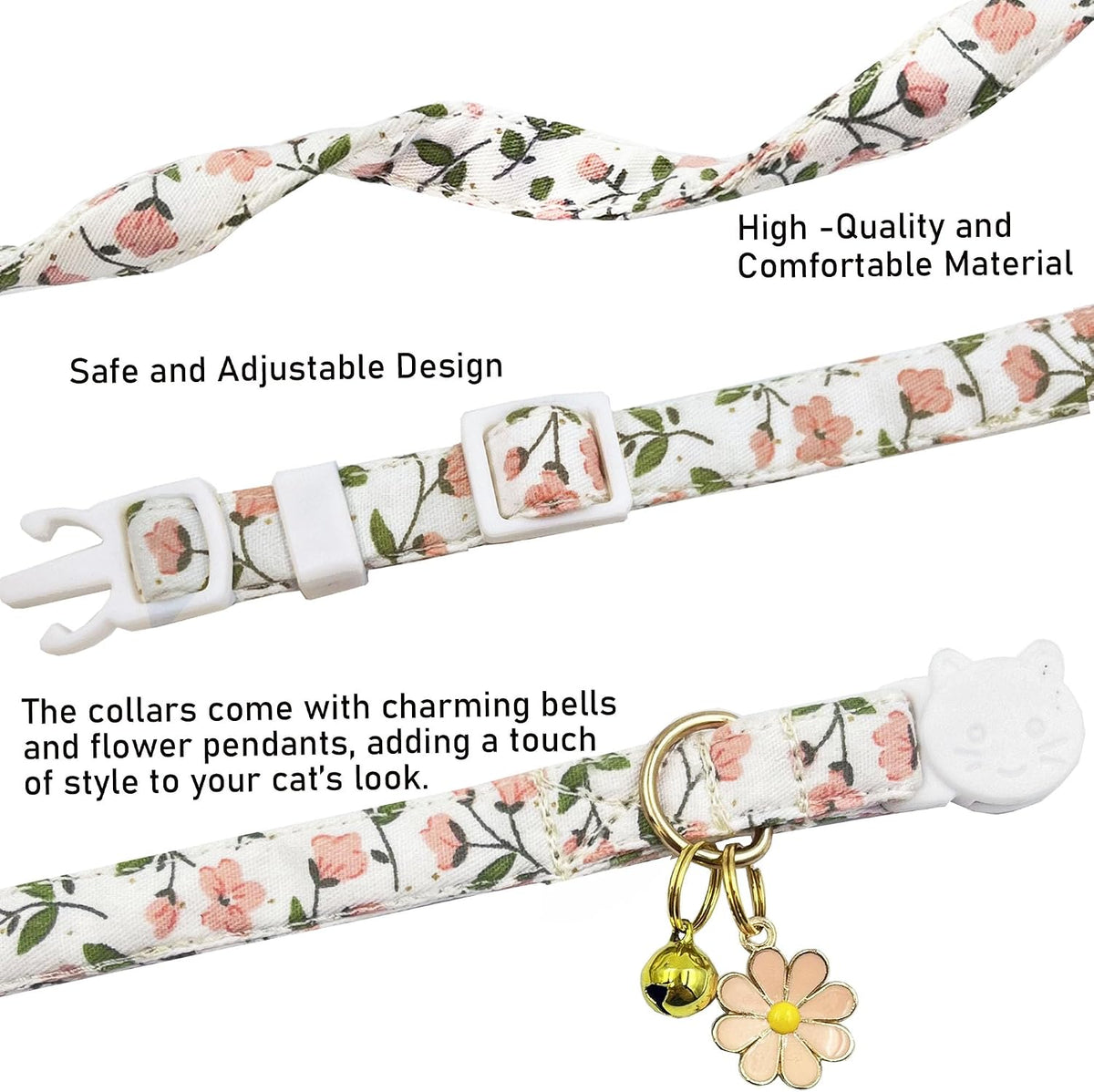 2 Pack Cotton Breakaway Cat Collars Set with Bell and Flower Pendant - pink+blue - image 2